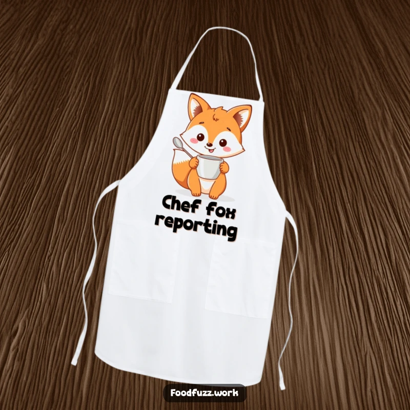 Funny fox apron holding baking tools, ideal for kitchen protection and baking enthusiasts with a sense of humor.