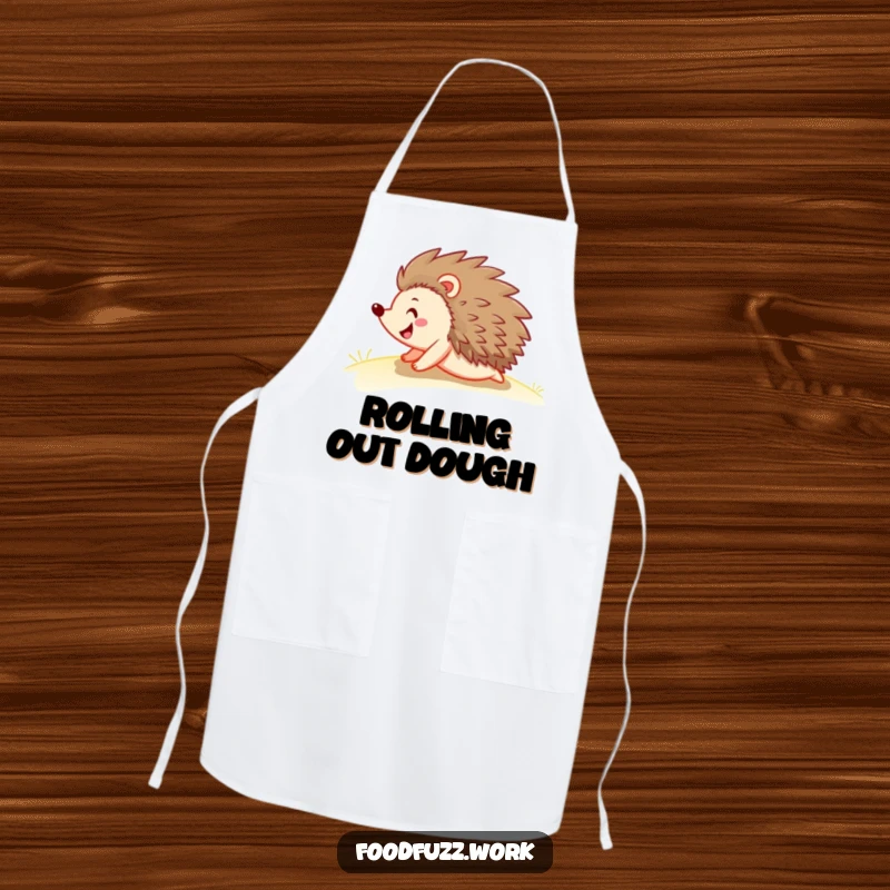 Funny hedgehog apron depicting a jovial hedgehog rolling down a gentle slope, perfect for a humorous and functional kitchen accessory.