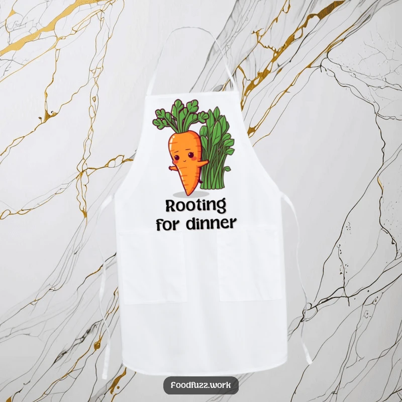 Funny Determined Carrot Apron: A functional apron featuring a determined carrot character stretching towards healthy greens, perfect for healthy cooking and baking.