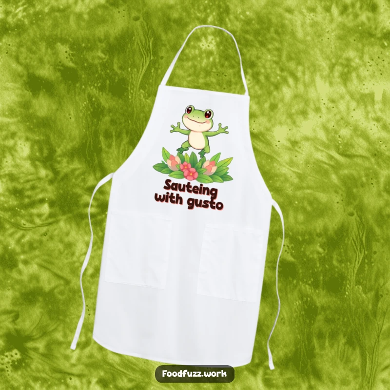 Funny frog apron depicting a gleeful frog mid-jump over a pile of fresh greens, perfect for a humorous and functional kitchen accessory.