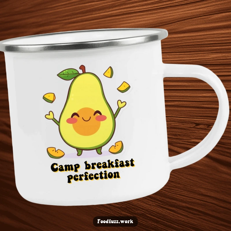 Funny Camping Mug with a smiling avocado character happily juggling tiny fruit slices, perfect for fun outdoor adventures and humorous moments.
