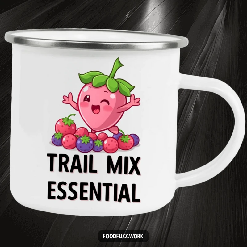 Funny Bouncing Berry Camping Mug: A sturdy mug with a cute berry character bouncing and reaching for more, perfect for outdoor enthusiasts.
