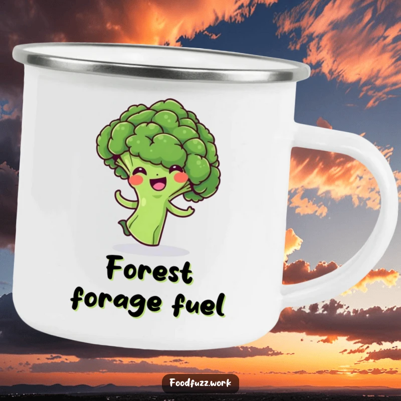 Funny Broccoli Floret Camping Mug: A rugged mug with a cheerful green broccoli doing a playful spin, perfect for outdoor enthusiasts.
