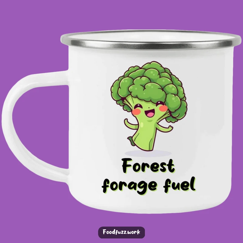 Funny Broccoli Floret Camping Mug: Cheerful Veggie Doing a Playful Spin, Outdoor Fun