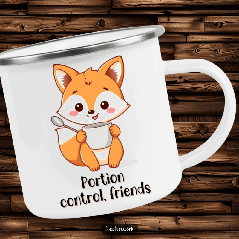 Funny fox camping mug with baking tools, ideal for outdoor kitchen humor and adventure lovers.