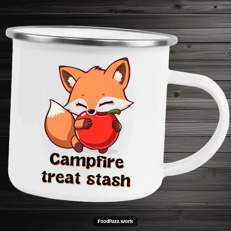 Funny Camping Mug: A sly fox hiding an apple, perfect for campfire stories and playful moments outdoors. Rugged and charming.