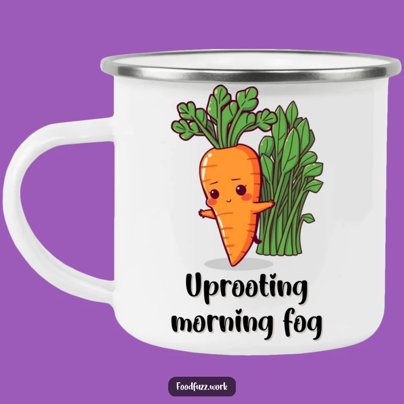 Funny Determined Carrot Camping Mug: Stretching for Greens, Outdoor Motivation