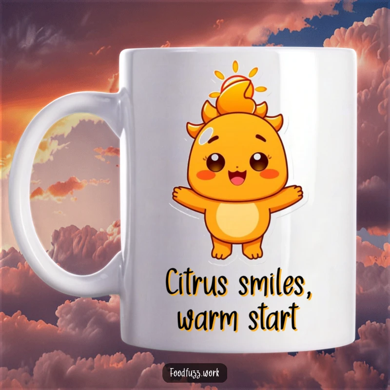 Funny Radiant Orange Mug: A cheerful, round orange character with a wide, sunny smile, radiating happiness and positive energy.