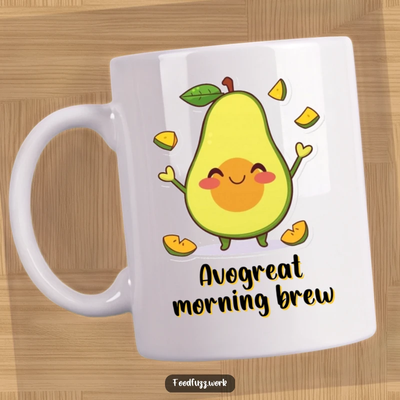 Funny Mug featuring a smiling avocado character happily juggling tiny fruit slices, radiating joy and humor, perfect for a fun gift.