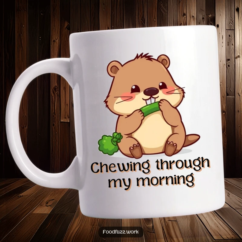 Funny beaver mug showing a determined beaver focused on gnawing a thin cucumber, symbolizing hardworking humor and dedication.