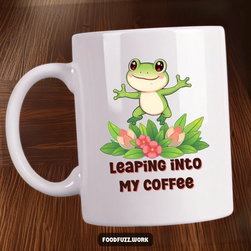 Funny frog mug featuring a happy cartoon frog mid-leap over a pile of vibrant green vegetables, expressing pure joy and energy.