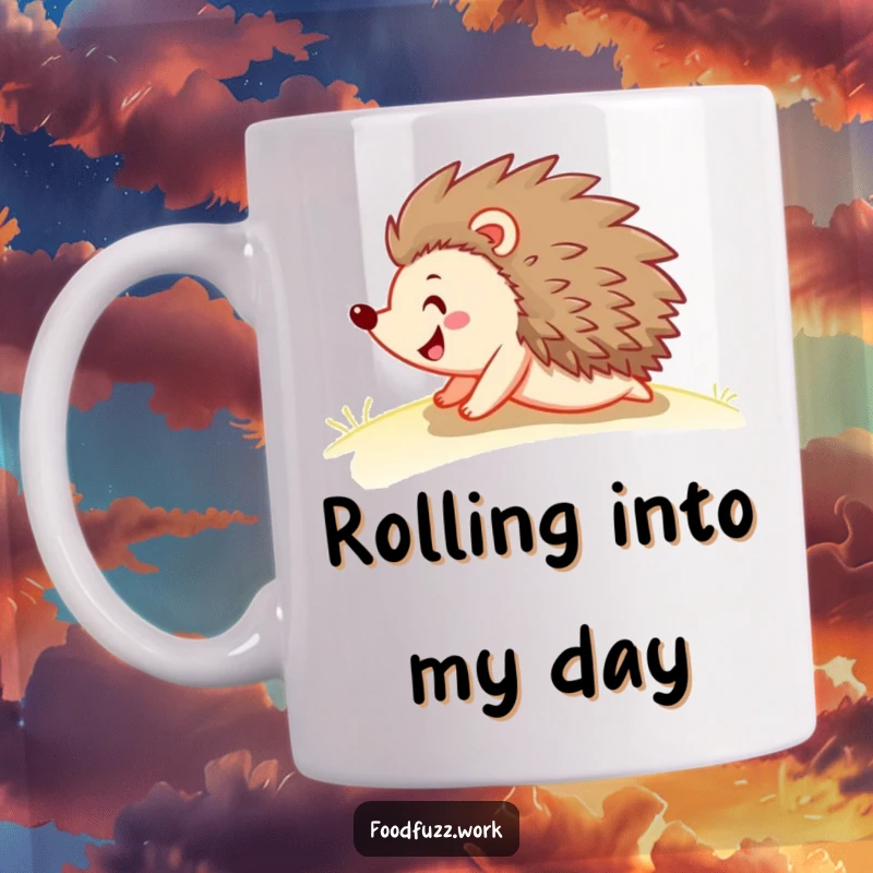 Funny hedgehog mug showing a jovial hedgehog happily rolling down a gentle green slope, radiating pure fun and delight.