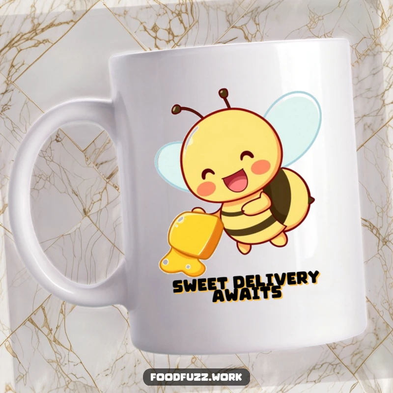 Funny Mug: A buzzing bee character joyfully delivering a small honeydew slice, spreading happiness and sweetness. Adorable and cheerful.
