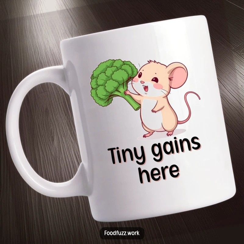 Funny mouse mug enthusiastically lifting a single broccoli floret, representing healthy eating humor.