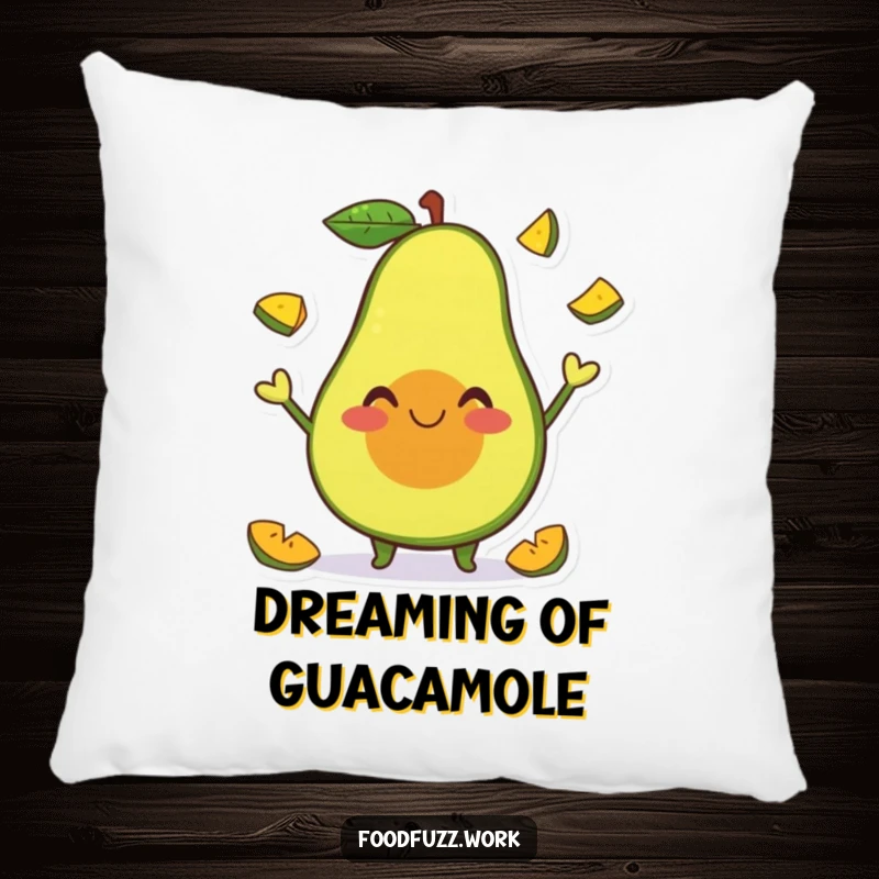 Funny Pillow showcasing a smiling avocado character happily juggling tiny fruit slices, providing cozy comfort with a fun and humorous design.