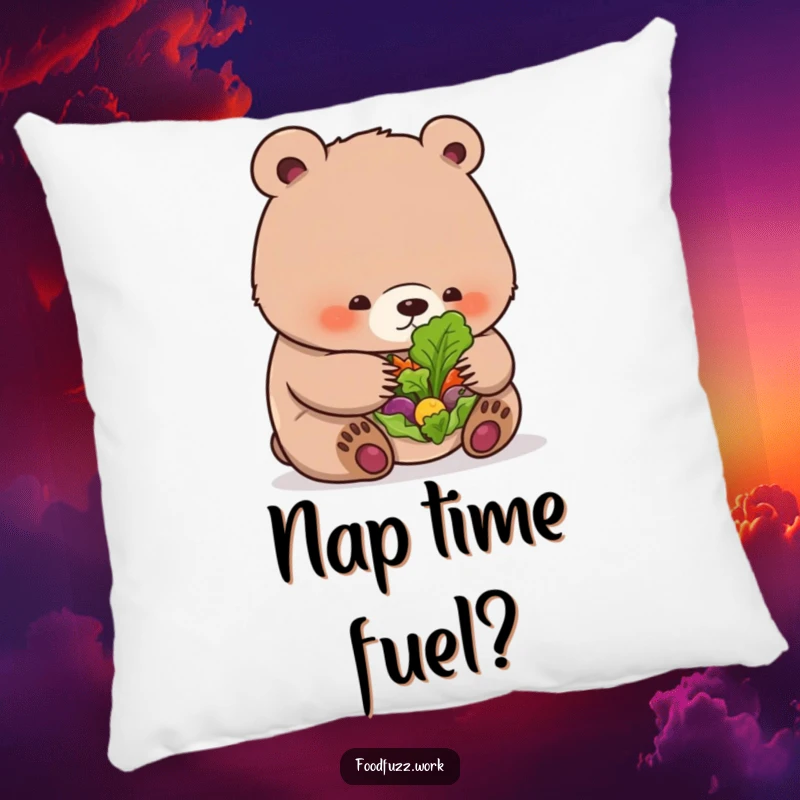 Funny bear cub pillow featuring a cub with a tiny salad, bringing cozy humor and visual appeal.