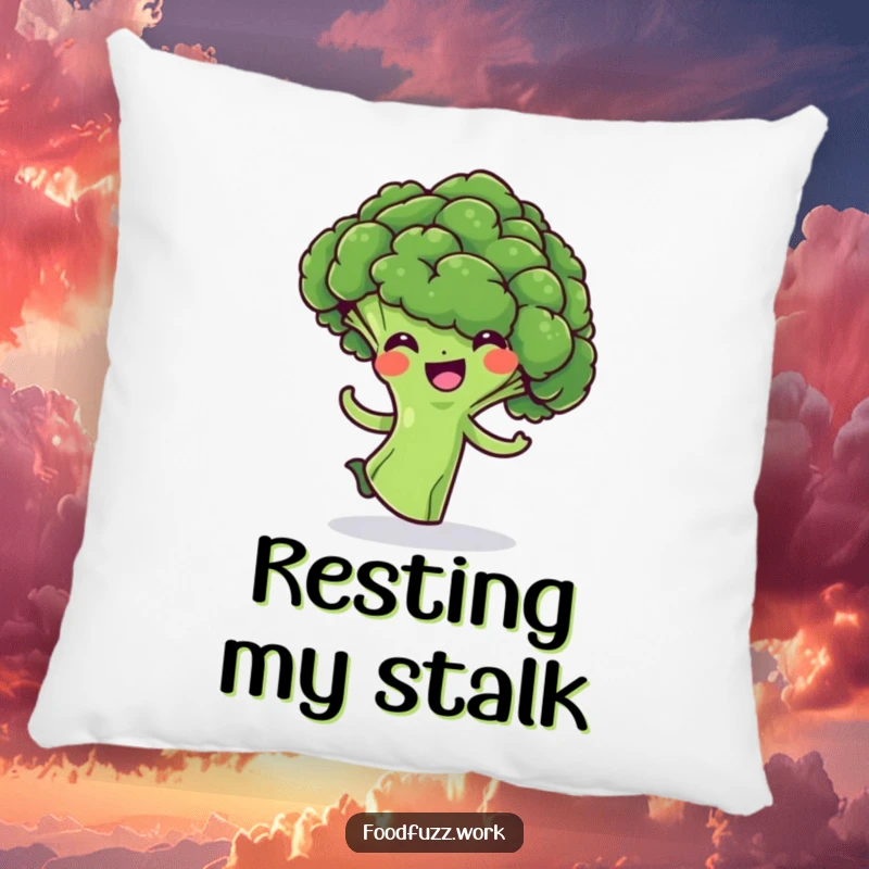 Funny Broccoli Floret Pillow: A plush cushion featuring a cheerful green broccoli in a joyful, playful spin, perfect for snuggling or decoration.