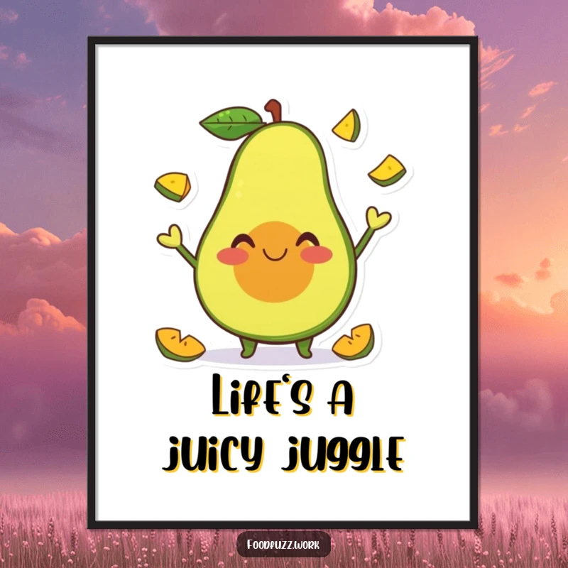 Funny Digital Art Print of a smiling avocado character happily juggling tiny fruit slices, perfect for creating a fun and humorous atmosphere.