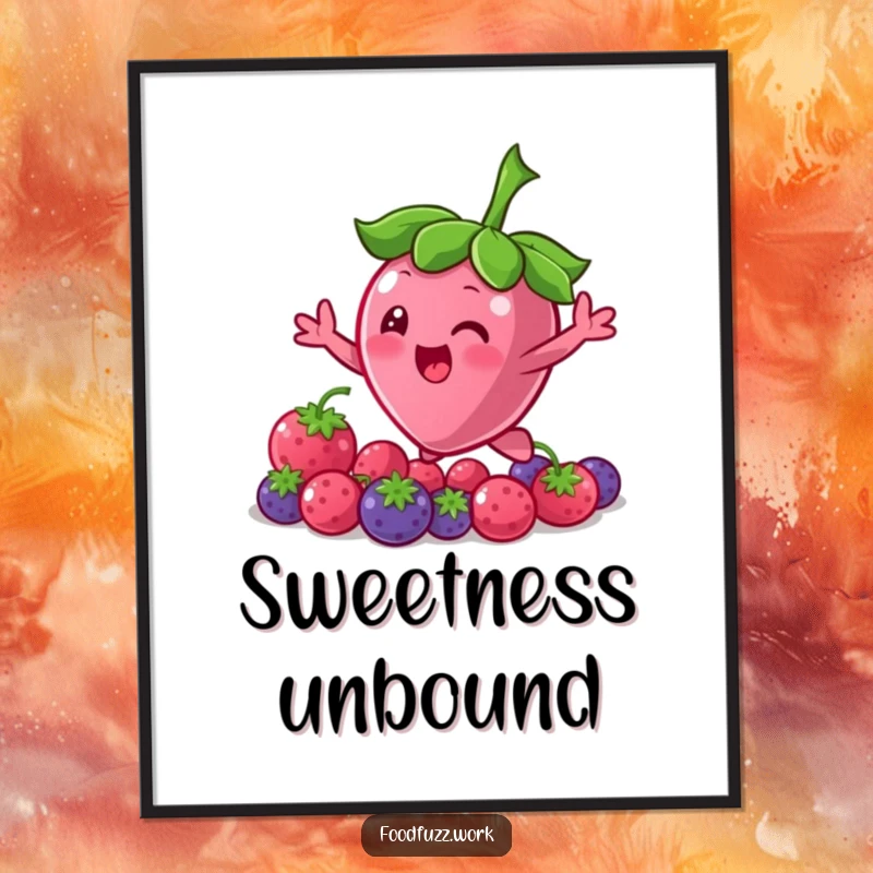 Funny Bouncing Berry Digital Art Print: High-quality artwork of a cute berry character bouncing and reaching, perfect for digital or print.