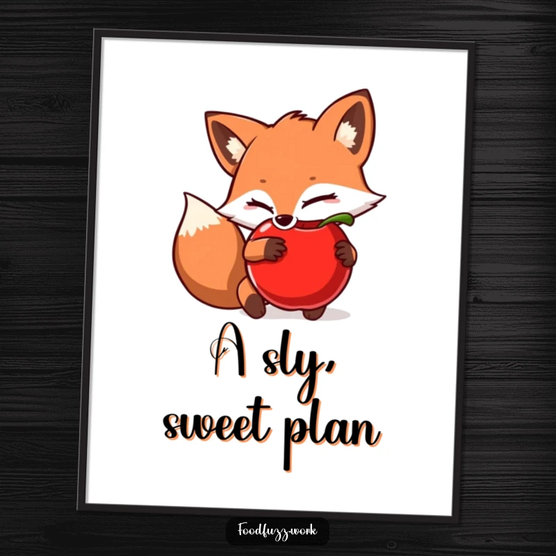Funny Digital Art Print: A sly fox character cleverly hiding a juicy apple, perfect for adding playful mischief to your decor. Instant download.