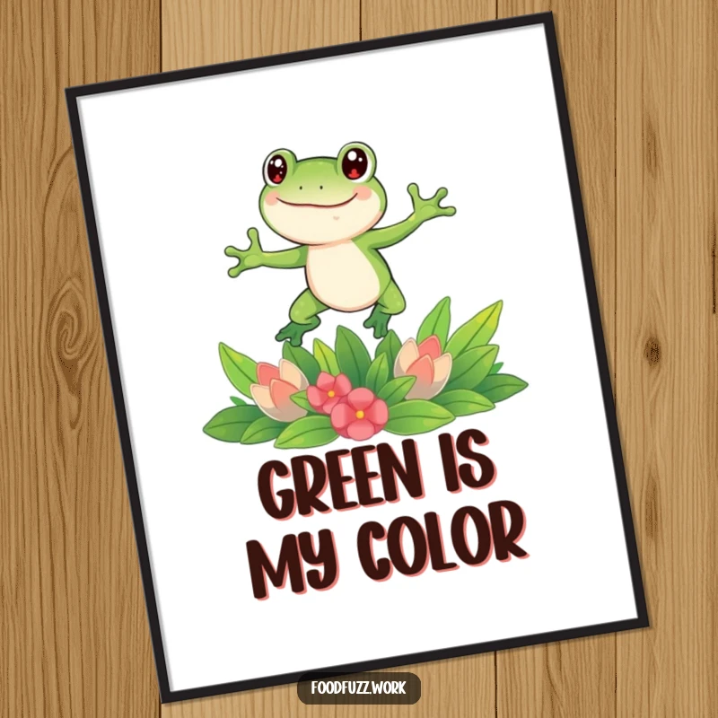 Funny frog digital art print of a happy frog leaping over a spread of fresh greens, bringing cheerful and humorous energy to any digital display.