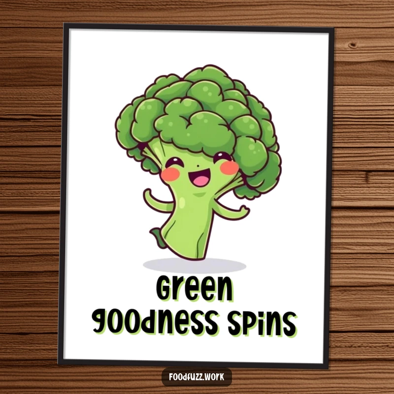 Funny Broccoli Floret Digital Art Print: High-resolution artwork of a cheerful green broccoli in a playful spin, perfect for digital display or printing.