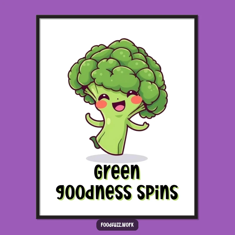 Funny Broccoli Floret Digital Art Print: Cheerful Veggie Doing a Playful Spin, Instant Joy