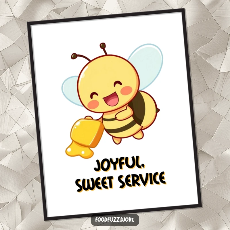 Funny Digital Art Print: A buzzing bee character joyfully delivering a small honeydew slice, perfect for adding cheerful sweetness to your decor. Instant download.