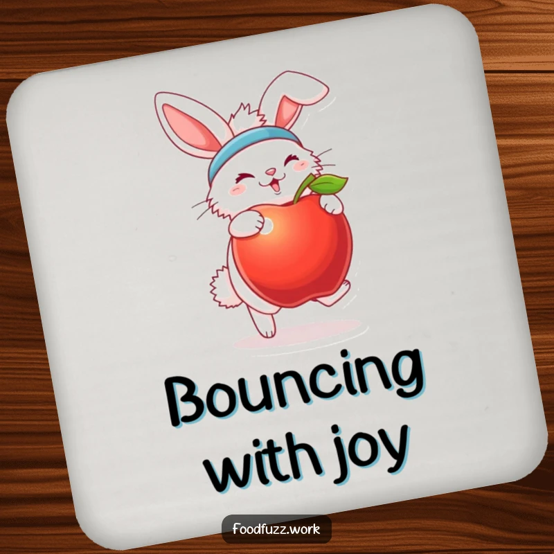 Funny bunny coasters with sweatband and apple, adding energetic workout humor to any drink setting.