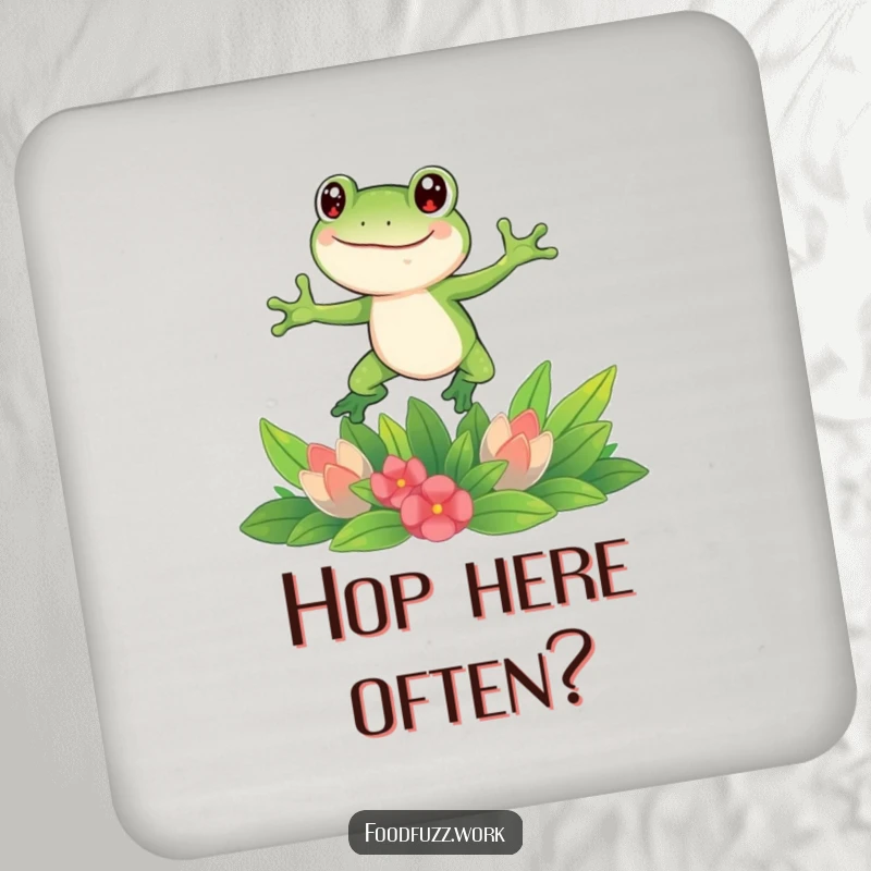 Funny frog drink coasters featuring a joyful frog leaping over fresh greens, providing a humorous and protective layer for beverages.