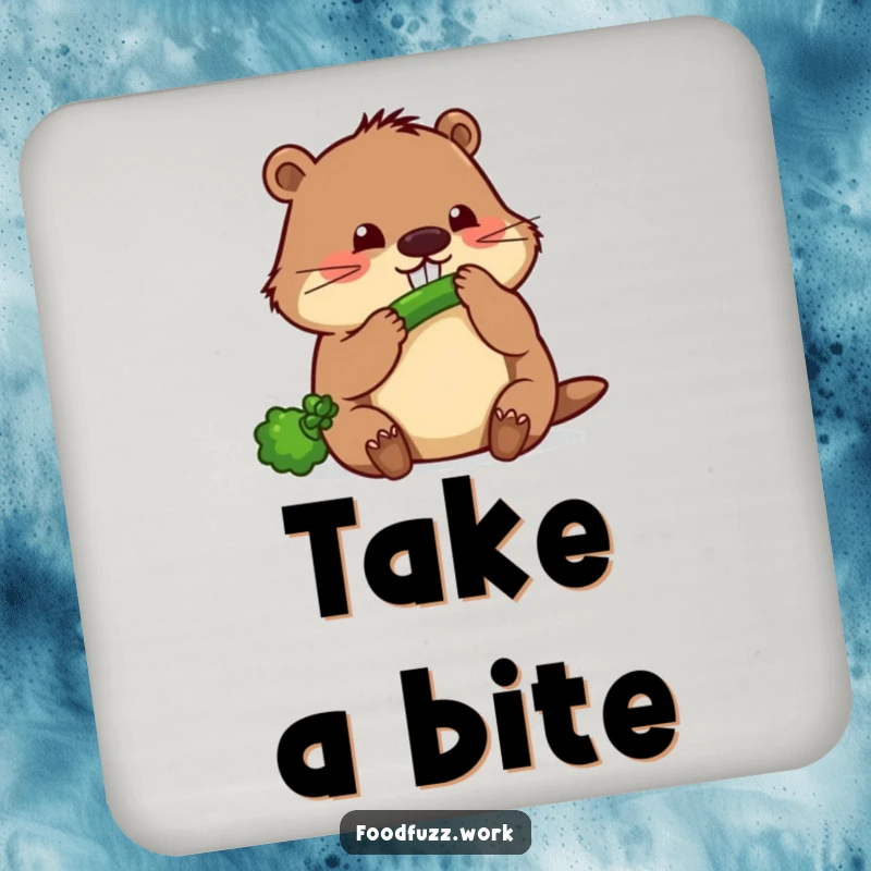 Funny beaver drink coasters featuring a busy beaver diligently gnawing a thin cucumber, providing a humorous and protective surface for drinks.