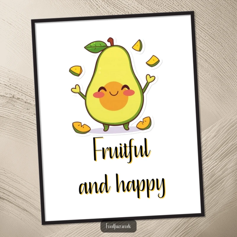 Funny Poster art of a smiling avocado character happily juggling tiny fruit slices, perfect for adding a splash of fun and humor.