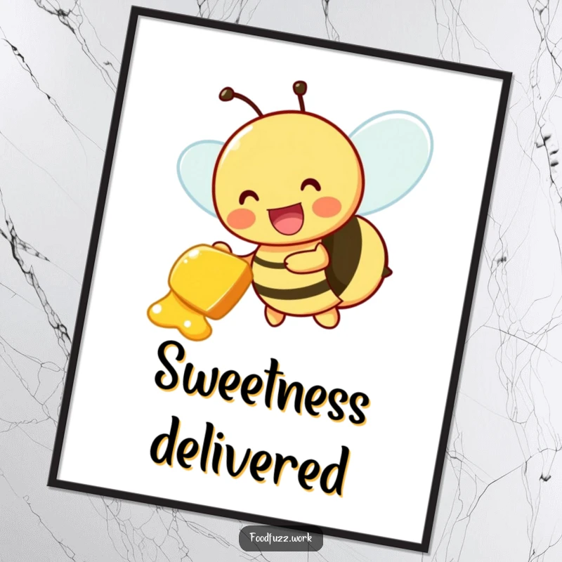 Funny Poster: A buzzing bee character joyfully delivering a honeydew slice, creating a cheerful and sweet piece of wall art.