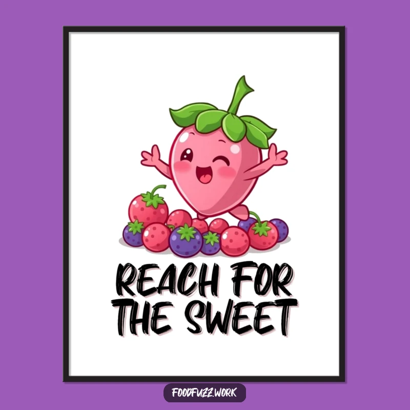 Funny Bouncing Berry Poster: Character Reaching for More, Sweet Wall Art