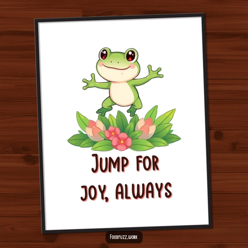 Funny frog poster featuring a happy cartoon frog joyfully leaping over a fresh assortment of green vegetables, adding a splash of humor to any room.