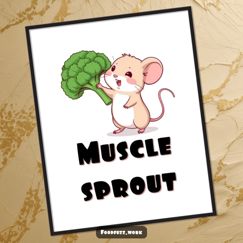 Funny mouse poster lifting broccoli, ideal for whimsical healthy eating-themed decor.