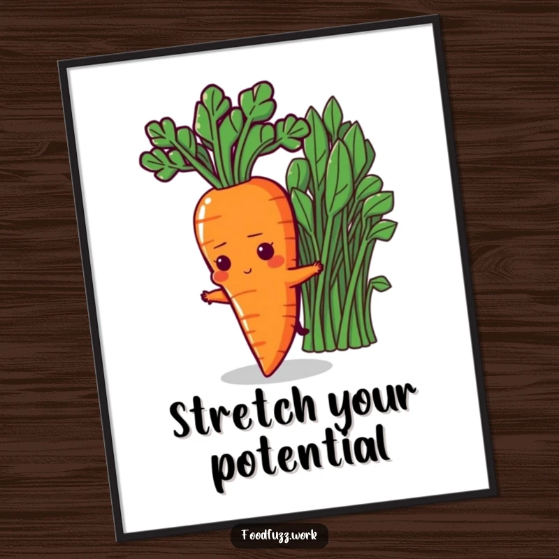 Funny Determined Carrot Poster: An inspiring artwork of a determined carrot character stretching towards healthy greens, perfect for motivational wall art.