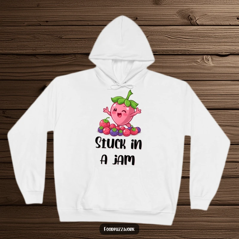 Funny Bouncing Berry Hoodie: A warm, soft hoodie depicting a cute berry character bouncing and reaching out for more delicious berries.