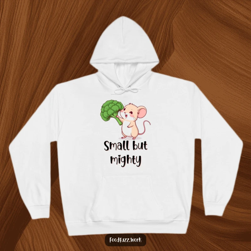 Funny mouse hoodie with broccoli, offering cozy healthy eating humor for all ages.