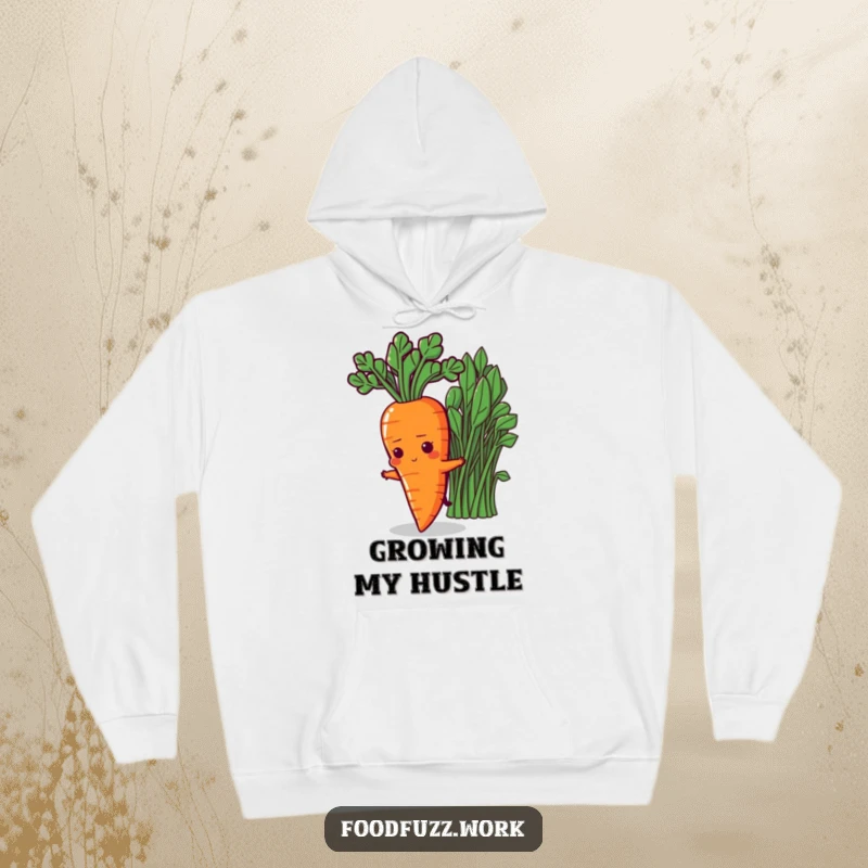 Funny Determined Carrot Hoodie: A comfortable and warm hoodie depicting a determined carrot character reaching towards healthy greens, perfect for cozy motivation.