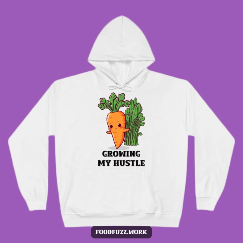 Funny Determined Carrot Hoodie: Cozy Character Stretching for Greens, Warm Motivation
