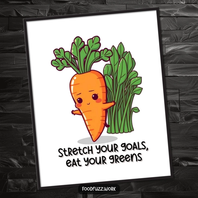 Funny Free Printable Wall Art: A determined carrot character stretching towards leafy greens, adding playful humor to decor. Downloadable art.