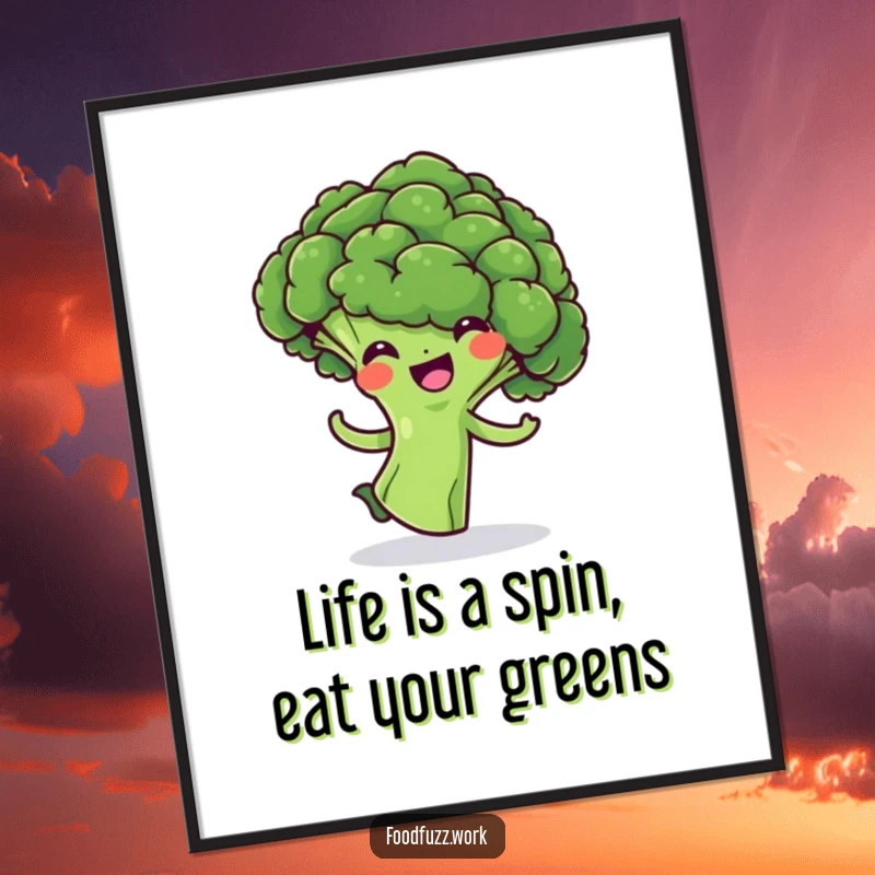 Funny Free Printable Wall Art: A cheerful broccoli floret captured mid-spin, adding whimsical humor to your decor. Downloadable art.