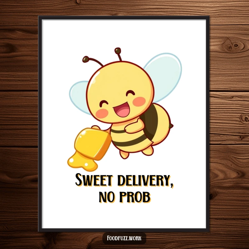 Funny Free Printable Wall Art showcasing a buzzing bee character joyfully delivering a small honeydew slice, bringing sweet cheer and delight.