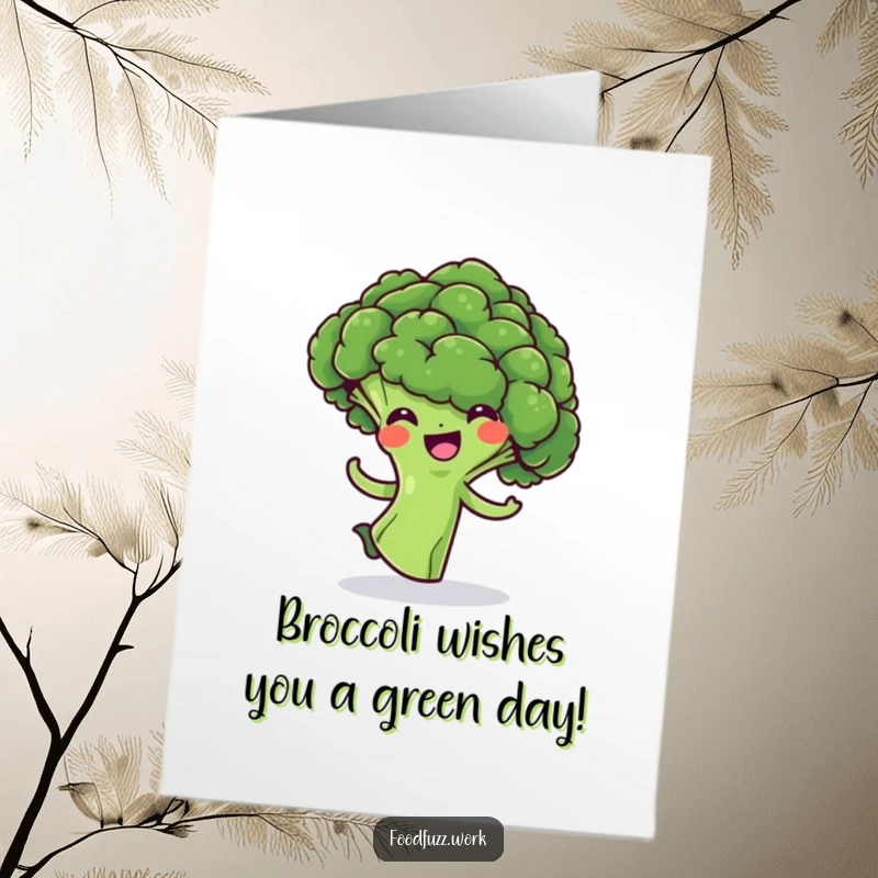 Funny Free Printable Birthday Card: Cheerful broccoli floret in a silly spin, ready to deliver birthday laughs. Downloadable and printable.