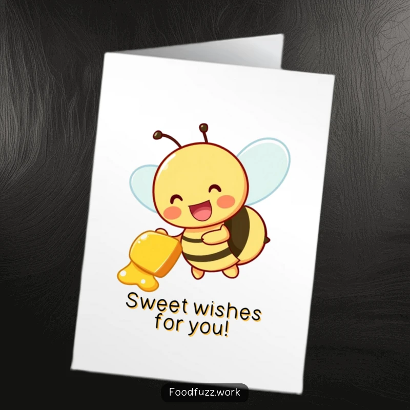 Funny Free Printable Birthday Card showing a buzzing bee character joyfully delivering a small honeydew slice, spreading sweet birthday cheer.