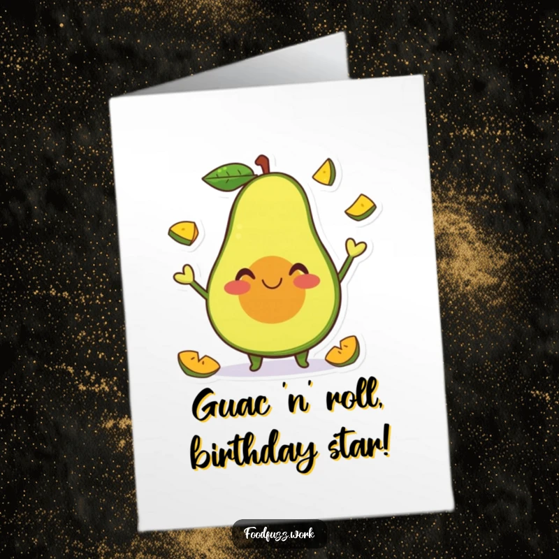 Funny Free Printable Birthday Card of a smiling avocado character happily juggling tiny slices of fruit.