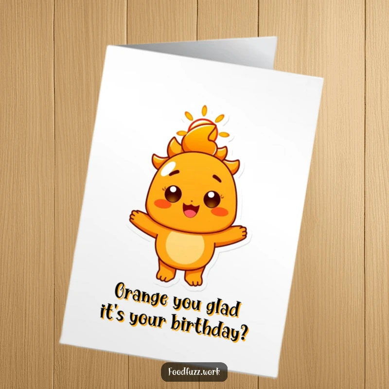 Funny Free Printable Birthday Card: A radiant orange character with a big sunny smile, radiating happiness. Downloadable and printable.