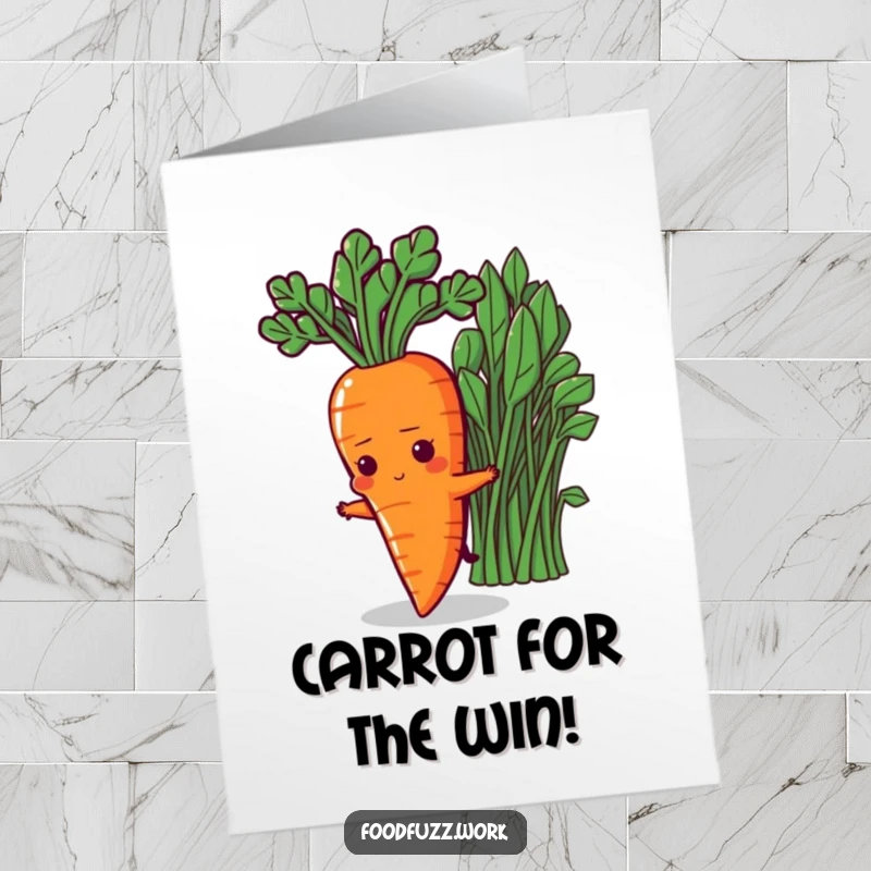 Funny Free Printable Congratulations Card: A determined carrot character stretching towards greens, symbolizing goal achievement humorously.