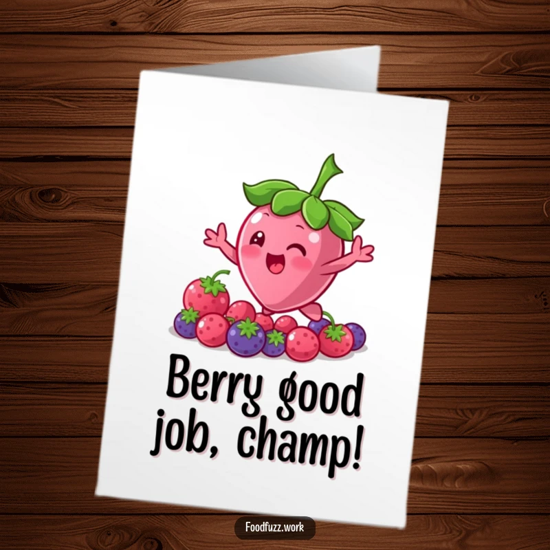 Funny Free Printable Congratulations Card: A determined berry character bouncing and reaching upwards, celebrating success with humor.